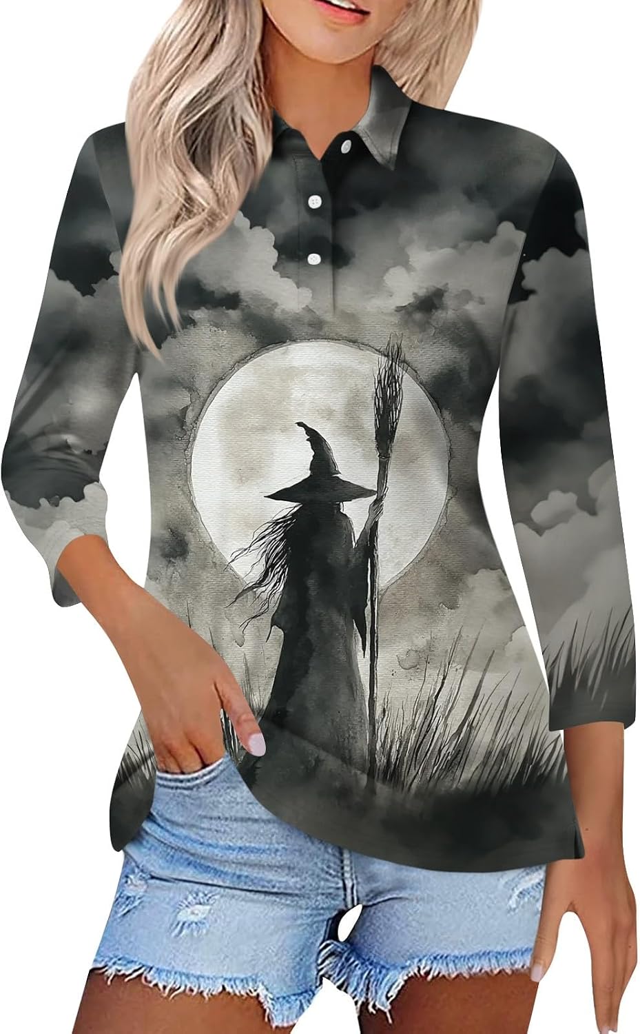 Womens Halloween Fall Polo Shirts 3/4 Sleeve Witch Graphic Tops | Women's Dressy Casual Top, Halloween Shirts, Loose Fit Holiday Blouses, Vintage Outfits