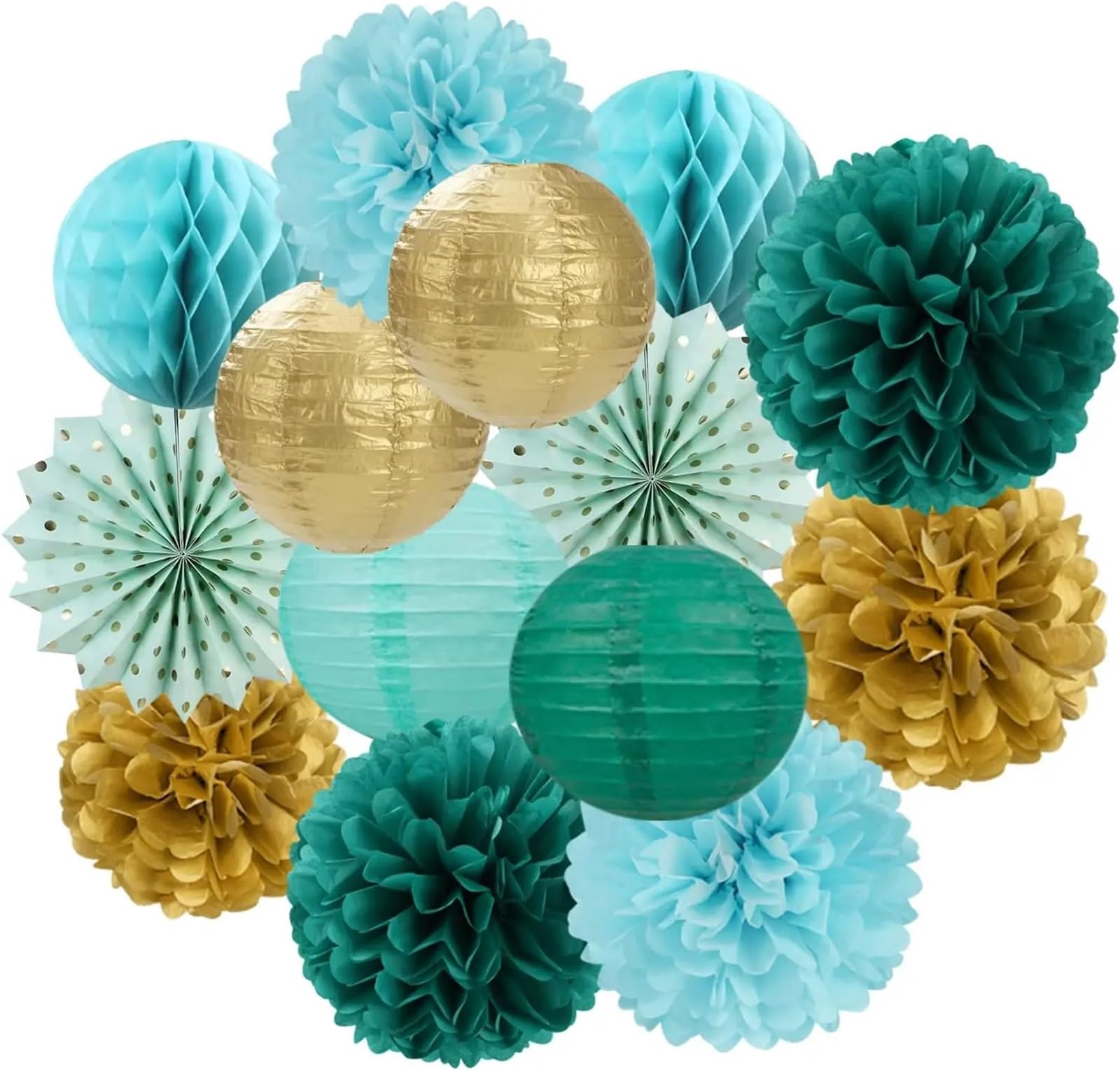 14Pcs Lantern Tissue Pom Poms Honeycomb for Wedding Bridal Shower Birthday Party Decoration for Wedding Party(Blue Gold)
