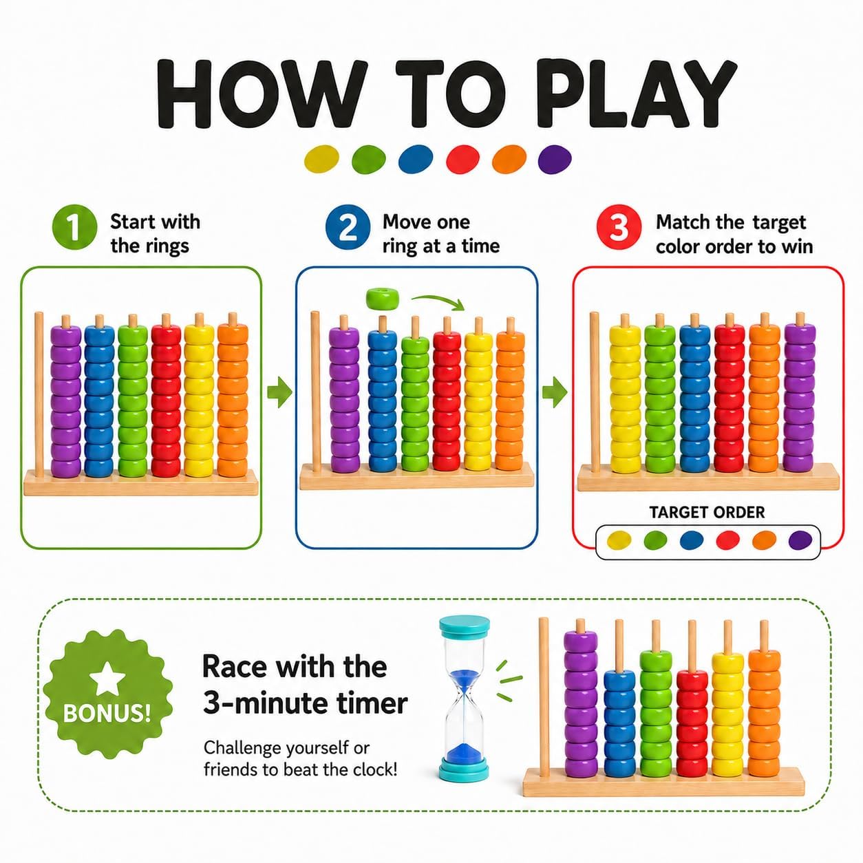 Gioco di puzzle impilabile con timer di sabbia da 3 minuti, puzzle in legno con carte sfida per 2 giocatori, rompicapo coordinato con motivo frenetico per serate di gioco in famiglia (confezione da 2)