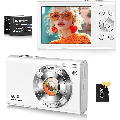Digital Camera, 4K Vlogging Camera for YouTube Autofocus Cameras for Photography with 16X Digital Zoom, 48MP Compact Point and Shoot Digital Camera for Teens Adult with 32GB SD Card, 2 Batteries-White