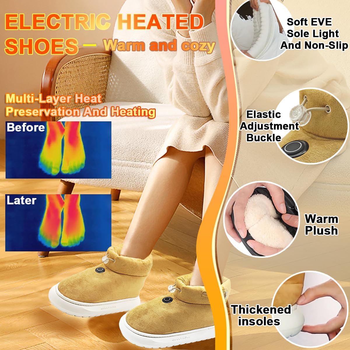 Heated Warming Booties for Men and Women, 3-Gear Electric Thick Warm Winter Feet Warmers