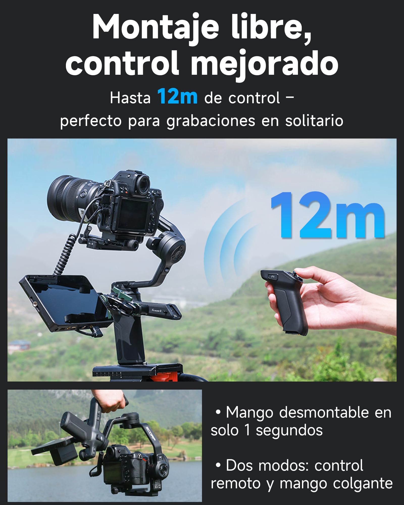 [Oficial] FeiyuTech SCORP 3 Kit Gimbal – 3,5 kg de Carga, Seguimiento AI, batería 14 h, Mango Remoto, botón de Captura Bluetooth, estabilizador Profesional con Estuche – para cámaras Sony/Canon/Nikon