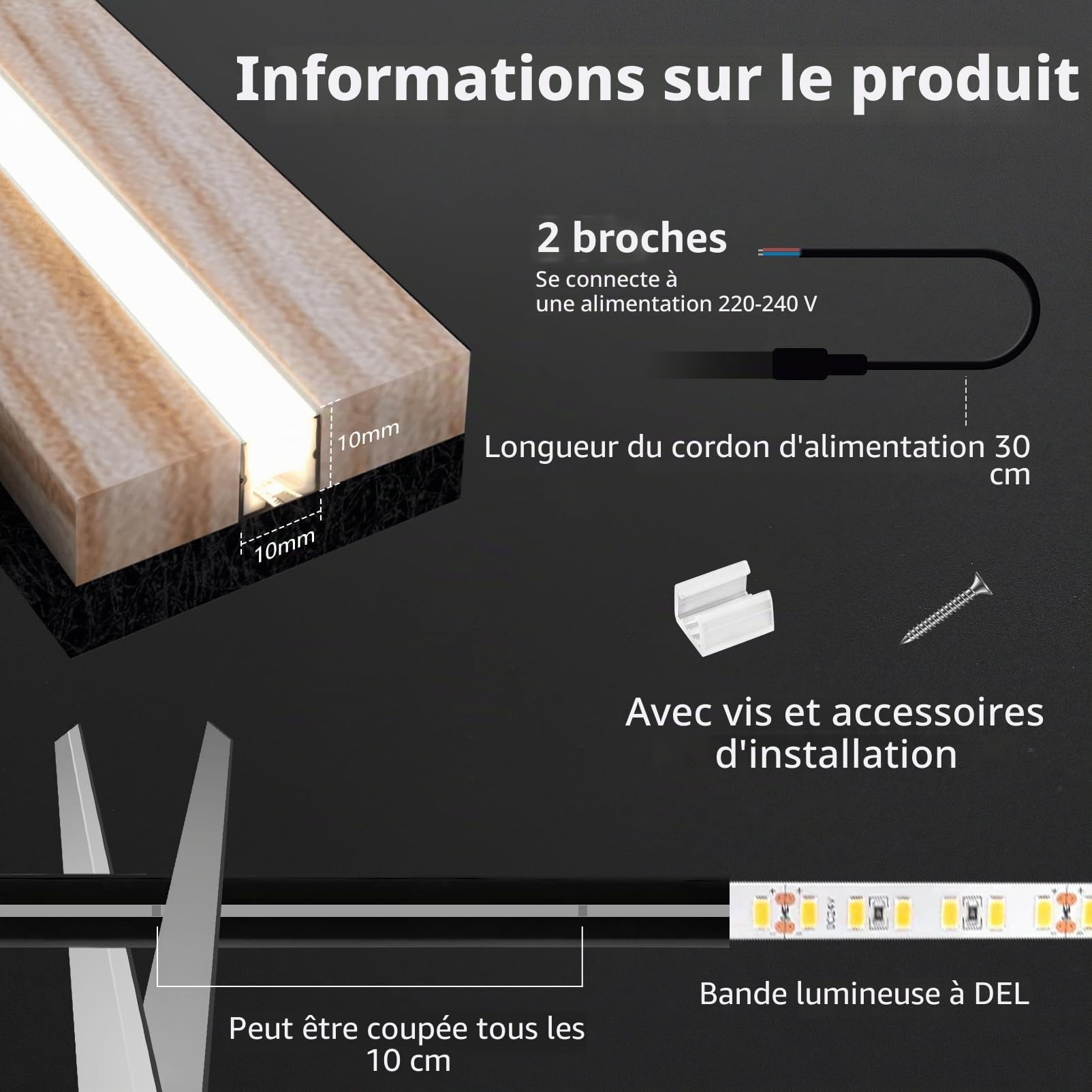 10m Noir Ruban LED Bande Panneau Acoustique Bois 220V Sans Prise