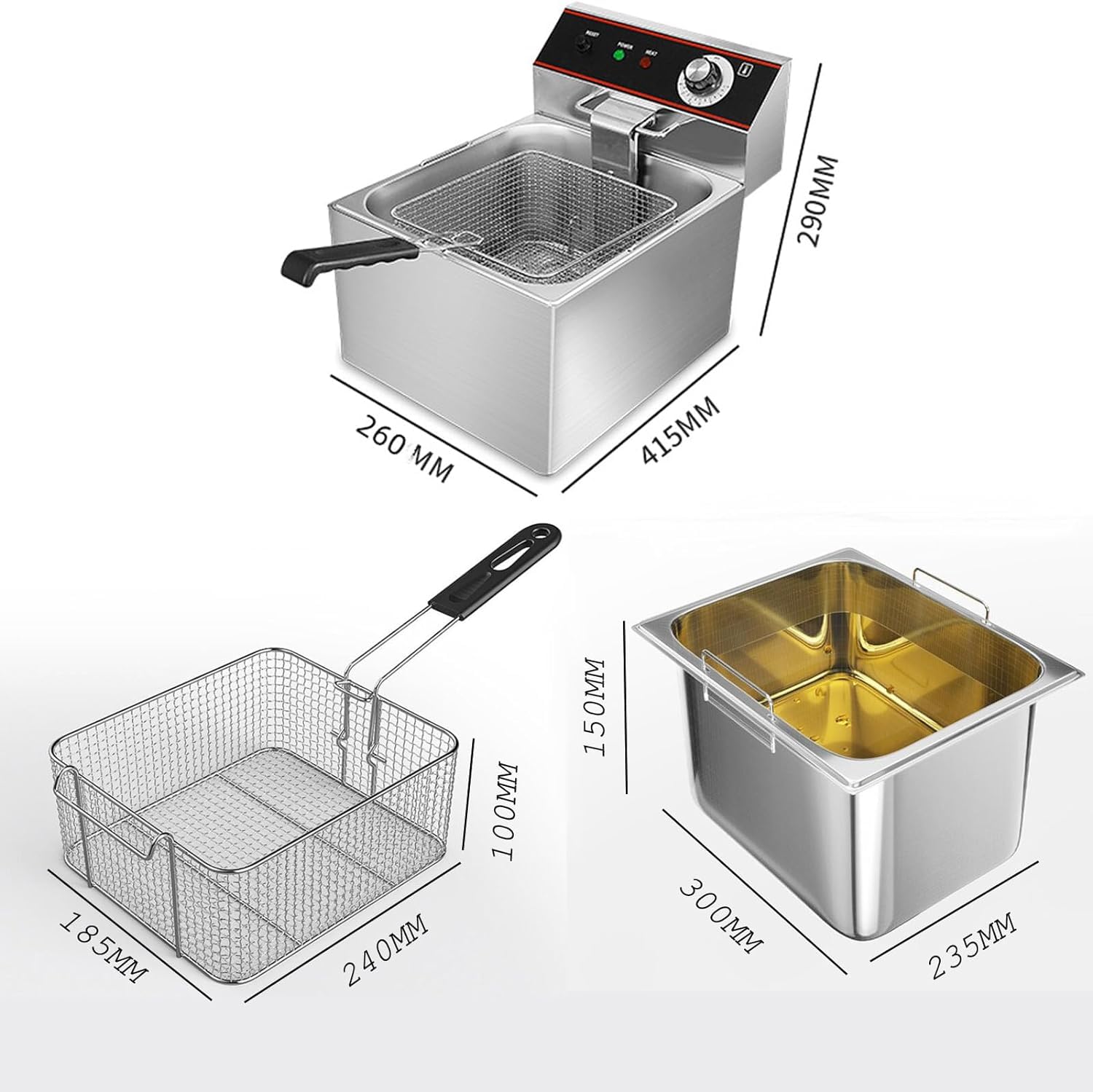 Friggitrice commerciale, friggitrice elettrica da 3000 W, friggitrice commerciale in acciaio inox da 6 litri con cestello per uso in cucina, ristorante, casa e cucina Friggitrice elettrica da banco