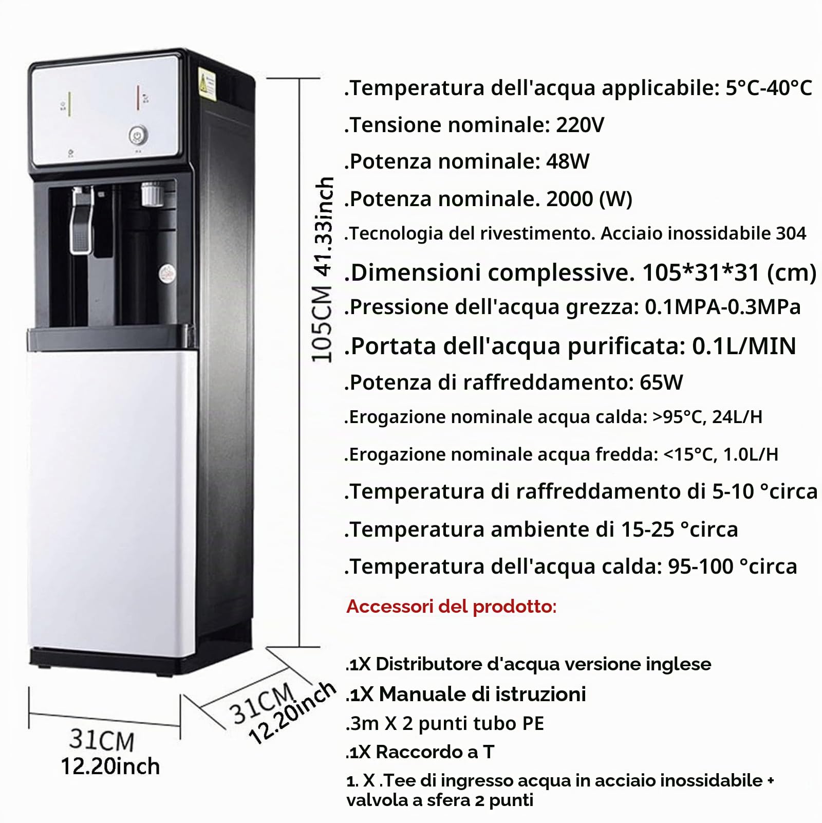 Di filtrazione dell'acqua Erogatore d'acqua a colonna, autonomo e collegato alla rete idrica Acqua calda a temperatura ambiente refrigeratore senza boccioni, facile da pulire Ideale per hotel