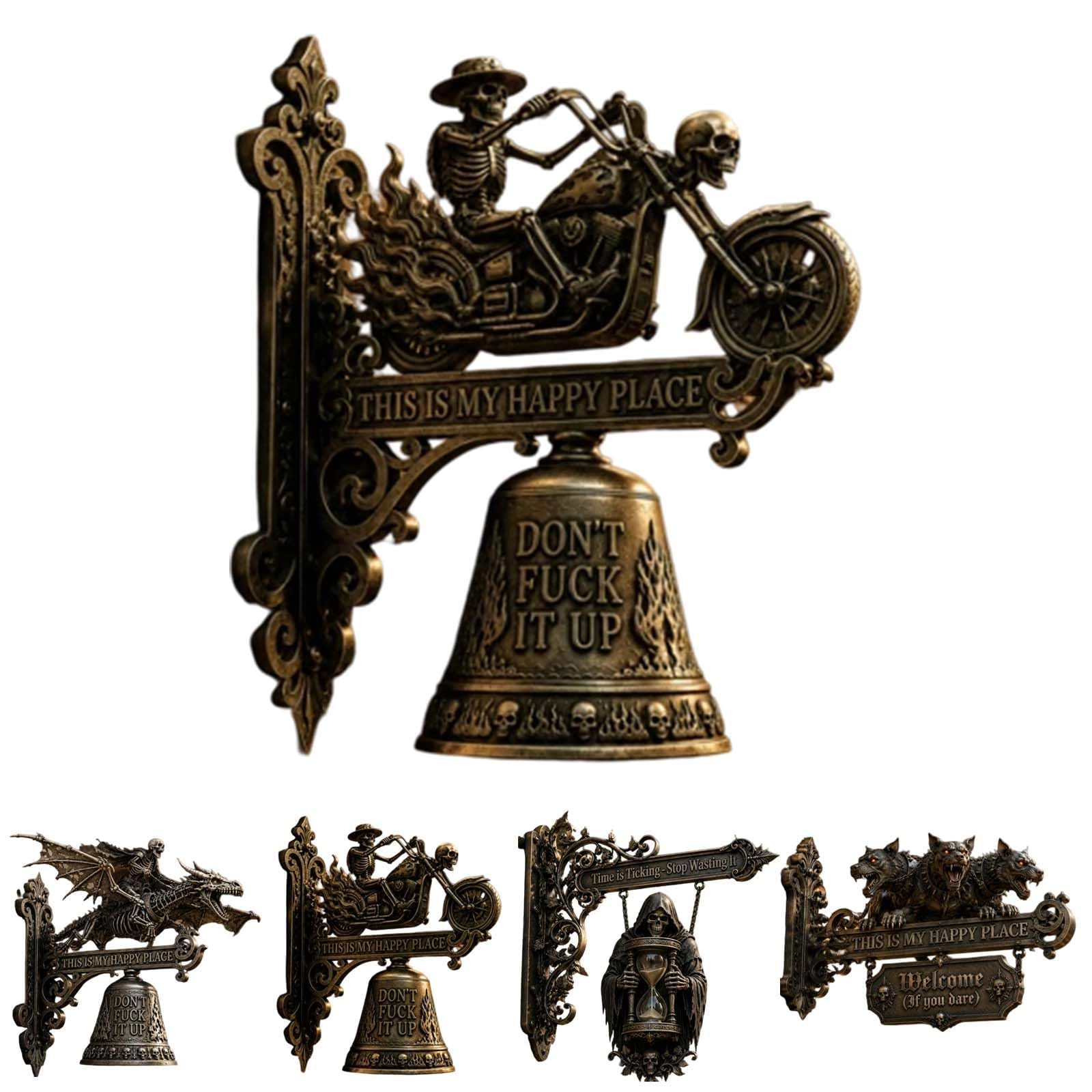 Skull Dragon Rider Bell Wall Decor, Gothic Skeleton Dragon Rider Bell Sign with”This is My Happy Place” Message, Medieval Fantasy Hanging Bell for Front Door, Bar, Man Cave Gaming，B