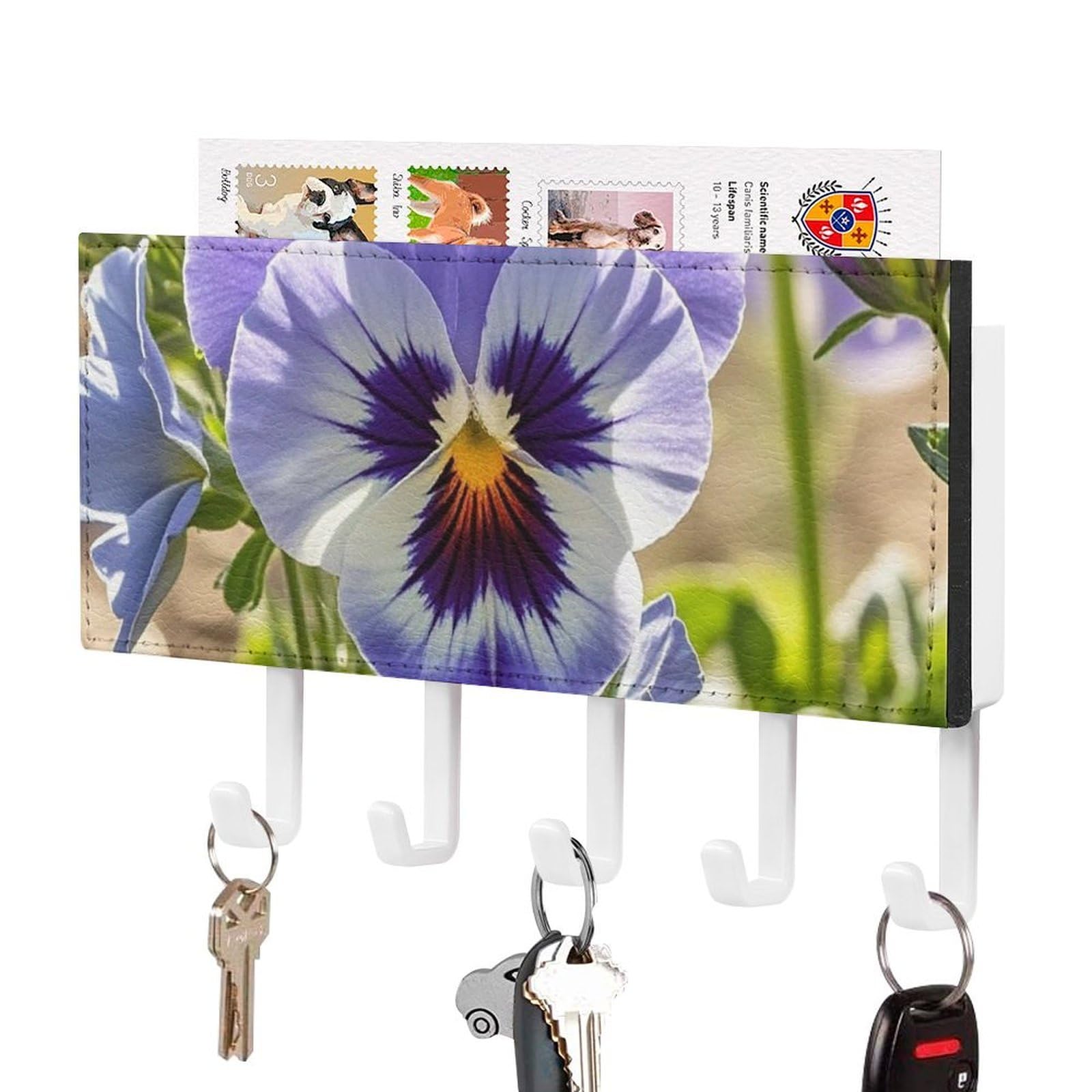 FekiLoot Pansy Perfection Key Holder Wall Mount Key Hanger with 5 Hooks Decorative Key Rack Hanging Key Hooks with Mail Organizer Key Holder for Wall Living Room Kitchen Bathroom Hallway White