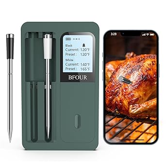 BFOUR Wireless Meat Thermometer with 2 Meat Probes, 328FT Bluetooth Meat Thermometer with LCD Screen, Wireless Meat Thermometer for Grilling Smoker BBQ Oven Rotisserie Rechargeable
