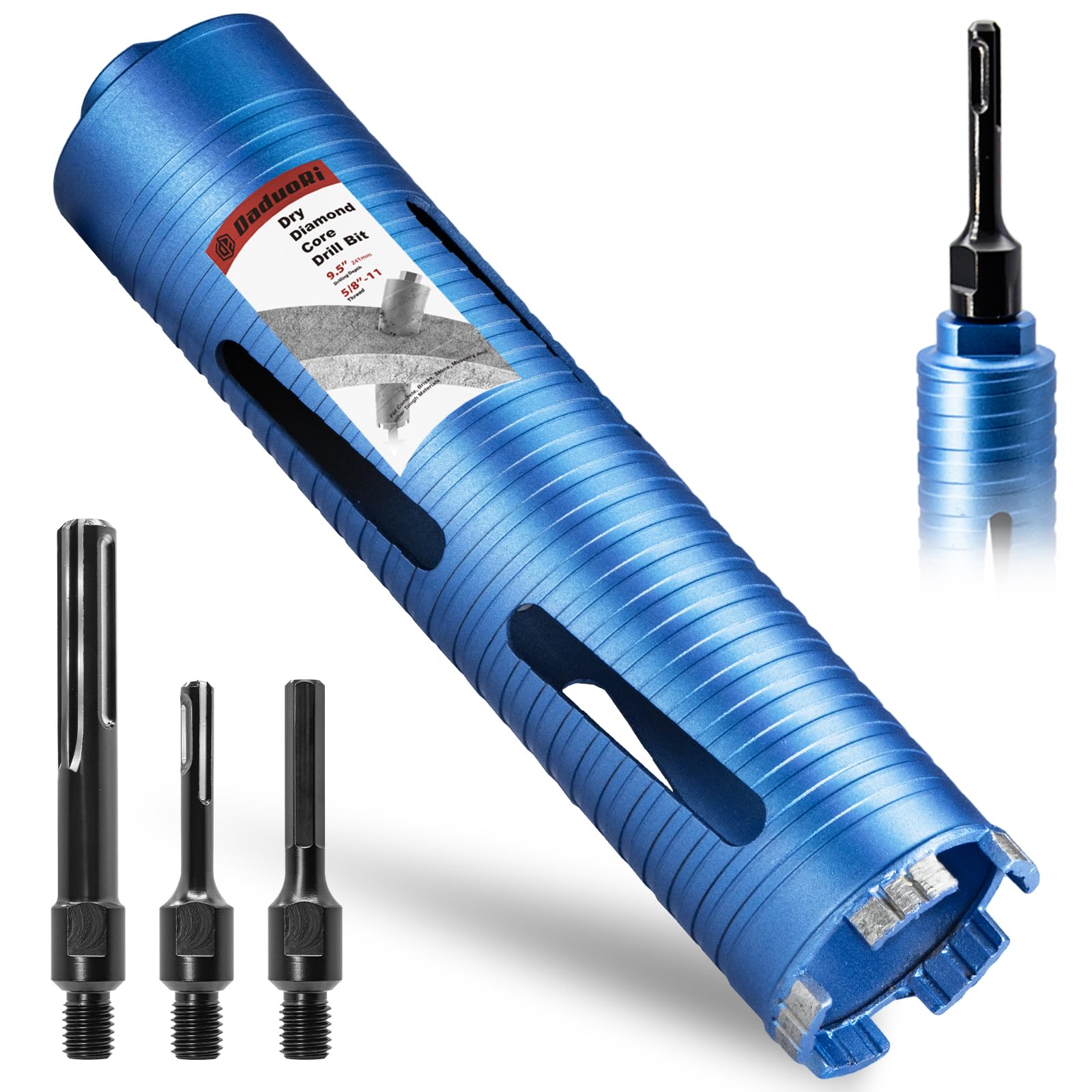 2 1/2" Dry Core Drill Bit, 5/8"-11 Thread, with 3 Adapters Included: SDS Plus, SDS Max and 1/2" Hex Shank; 9.5" Drill Depth, 2.5 inch Diamond Core Bits for Brick, Block and Masonry