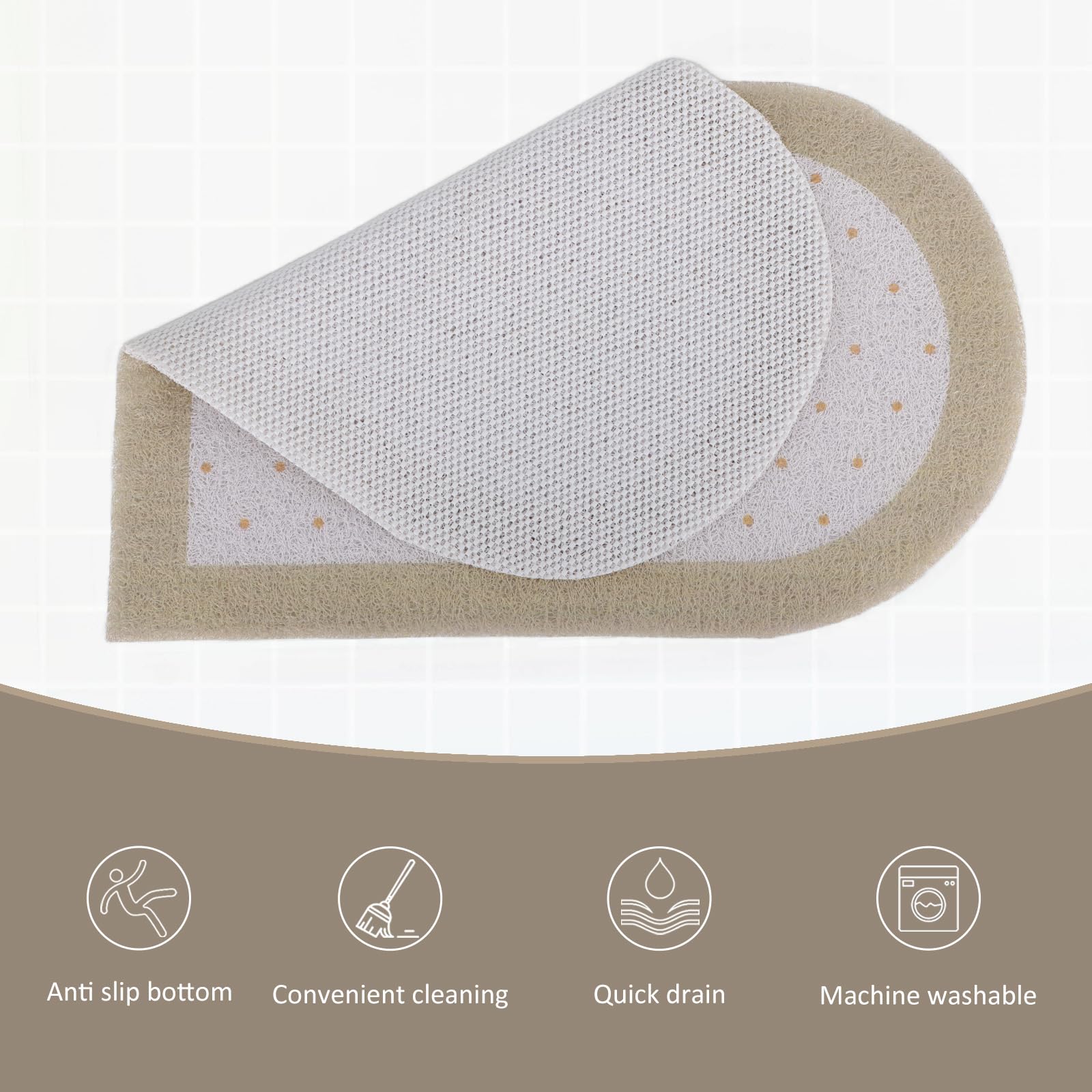 Tappetino Doccia Angolo Antiscivolo Antimuffa, 60x60 cm Tappetini Doccia a Forma di Cuore per Doccia Interno, Tappetini Bagno in PVC Asciugatura Rapida, Khaki + Bianco