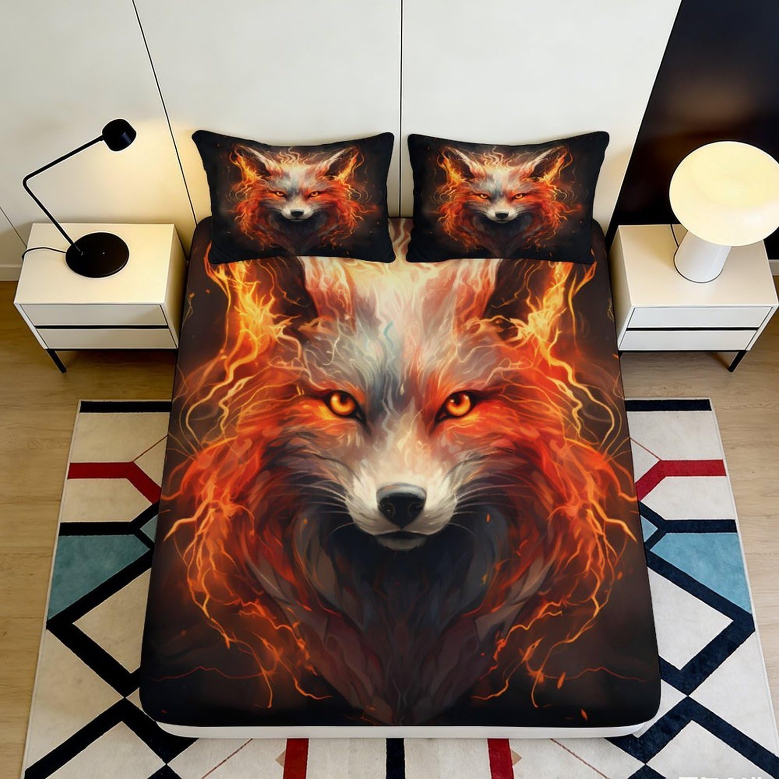 3D Printed Fiery Fox Fitted Sheet Microfiber Soft Decorative Wild Wolf Bed Cover for Bedroom Dorm Mattress Protection 90x200x25cm