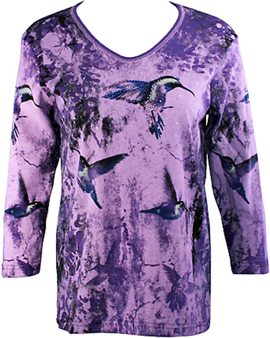 Cactus Bay - Purple Hummer 3/4 Sleeve Crew Neck Rhinestone Cotton Top