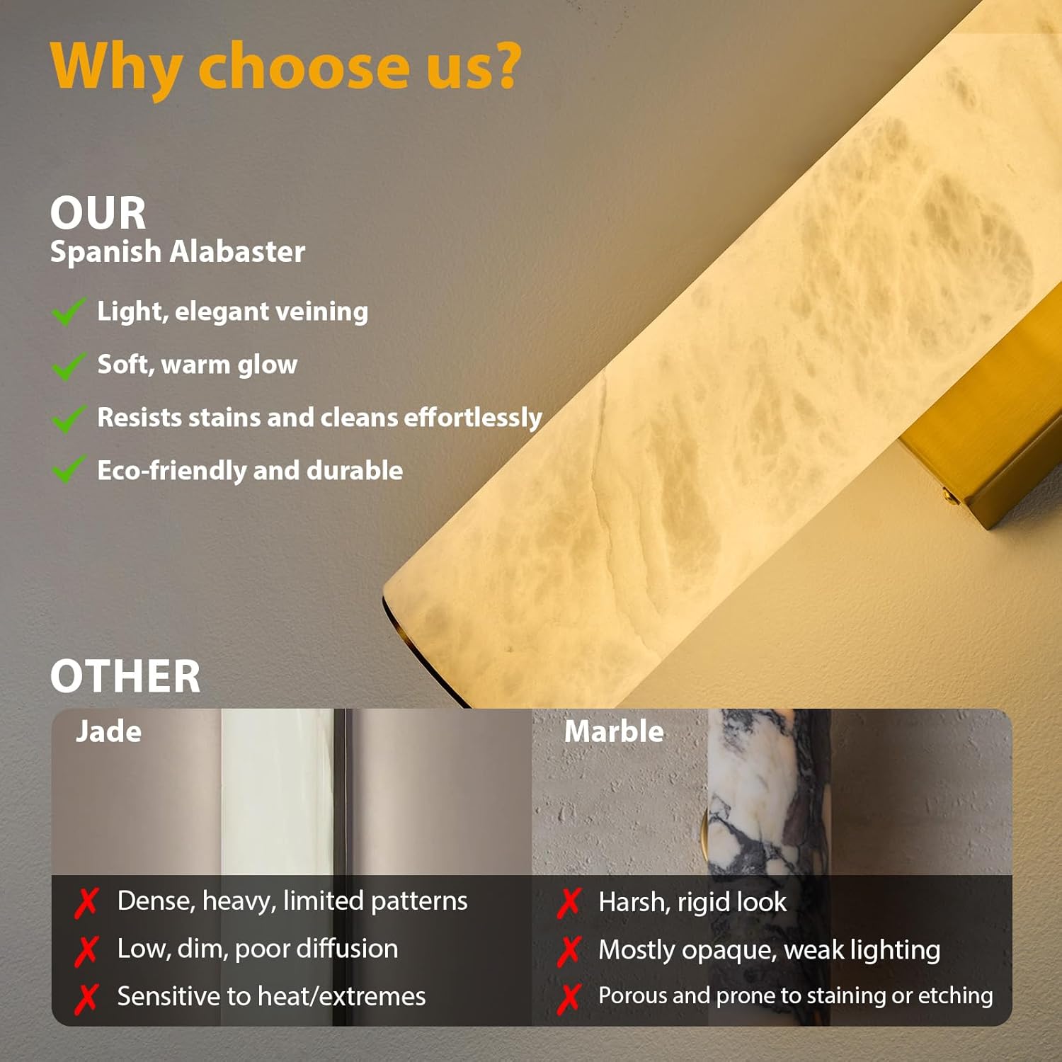 Natural Alabaster Brass Wall Sconce - Luxury Modern Spanish Stone Sconces - Brushed Gold Indoor Lighting Fixture with Dimmable LED Strip - Vanity Light Decor for Living Room Bedroom Bathroom Hallway