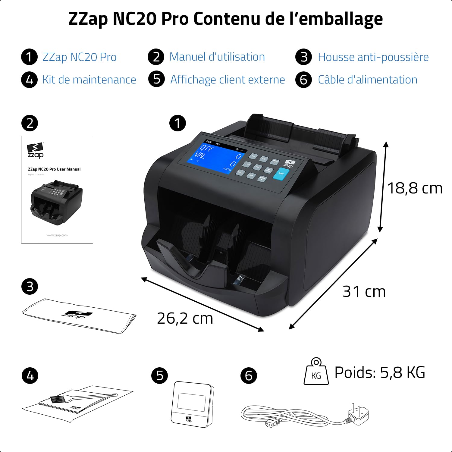 ZZap NC20 Pro Compteur de billets pour coupures mixtes & détecteur de faux billets – Machine à compter les billets, compteur de billets bancaires, compteur de valeur