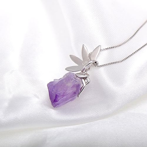 Miniatura 3 de Paialco 925 Sterling Silver Fairy Sitting on Amethyst Rock Rough Stone Necklace for Women