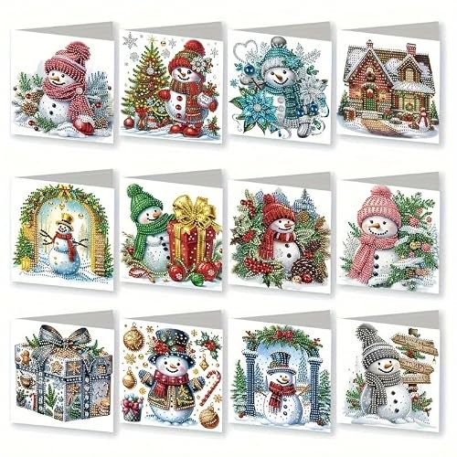 Syntego 12pcs DIY Snowman Christmas Card Kits for Adults | 5D Diamond Painting Holiday Greetings Cards Set for Craft Projects, Festive Gift Tags, Handmade Decoration, and Seasonal Card Making