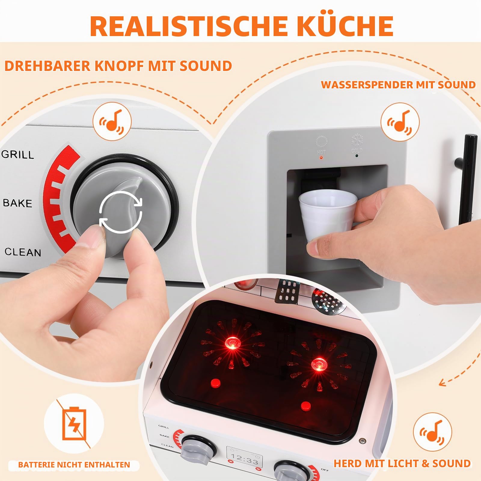 Clevich Kinderküche Holz für Kinder Kinderzimmer, Kita, Geburtstag MDF mit Waschmaschine, Eismaschine, Herd, Spüle, Mikrowelle, Backofen, Telefon, Sound Licht Spielküche, Weiß 82x80x25 cm