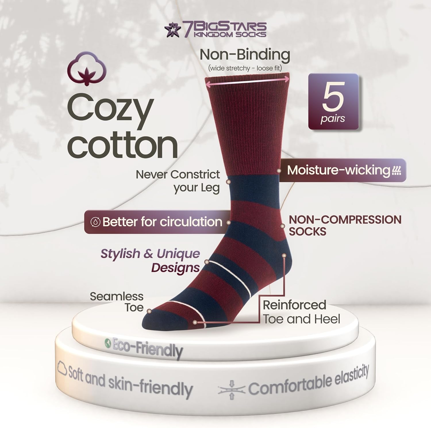 7BIGSTARS KINGDOM Men Diabetic Non-Binding Fashion Cotton Socks-5 Pack Large/XL - Image 3