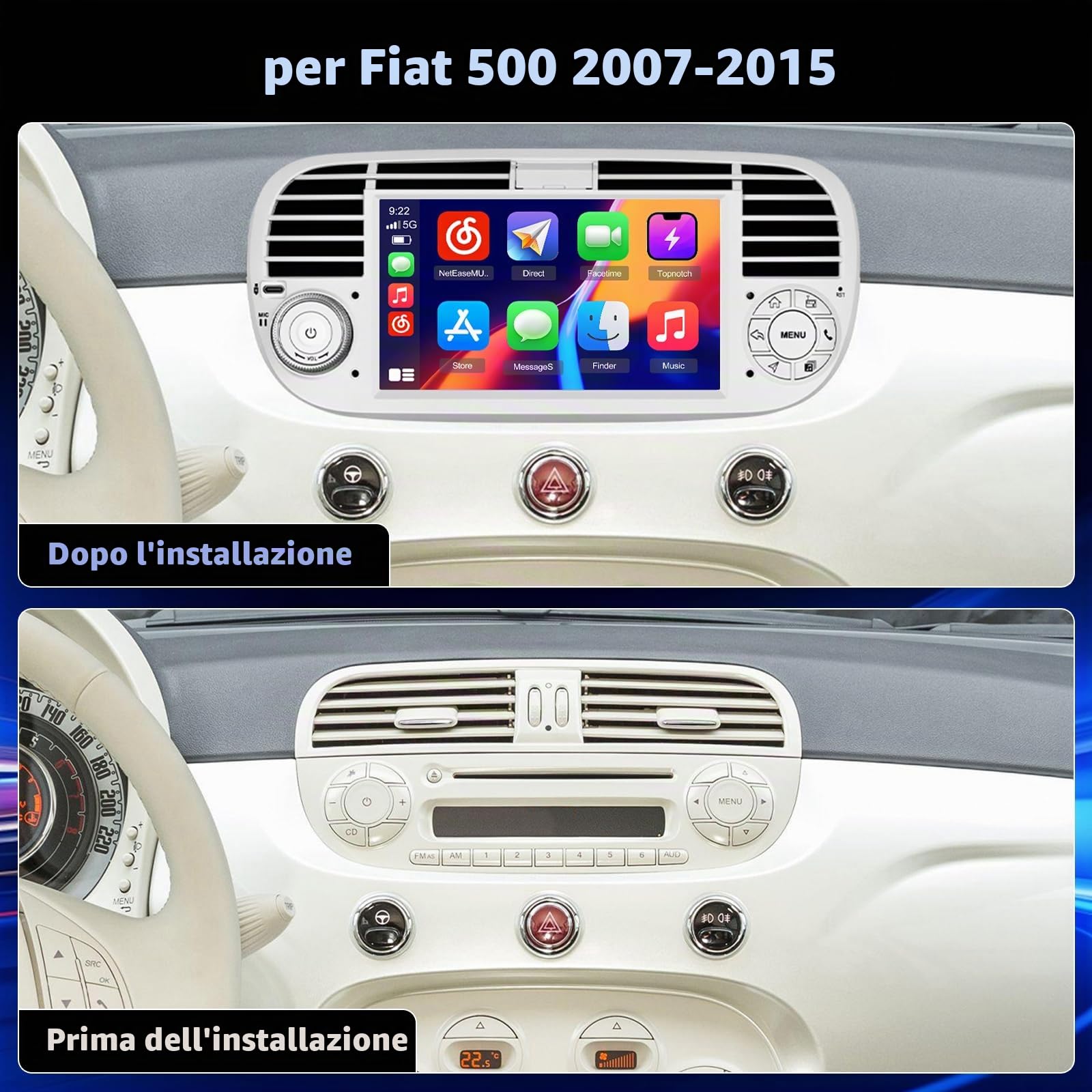 Hikity 4+128G Autoradio Android per Fiat 500 2007-2015 Wireless Carplay 7''IPS Schermo per Auto Android Auto WiFi Touchscreen Bluetooth5.0 GPS SWC Retrocamera | IPS Touchscreen GPS Navi Bluetooth 5.0 WiFi FM/RDS Retrocamera EQ Comandi al Volante 4+128G