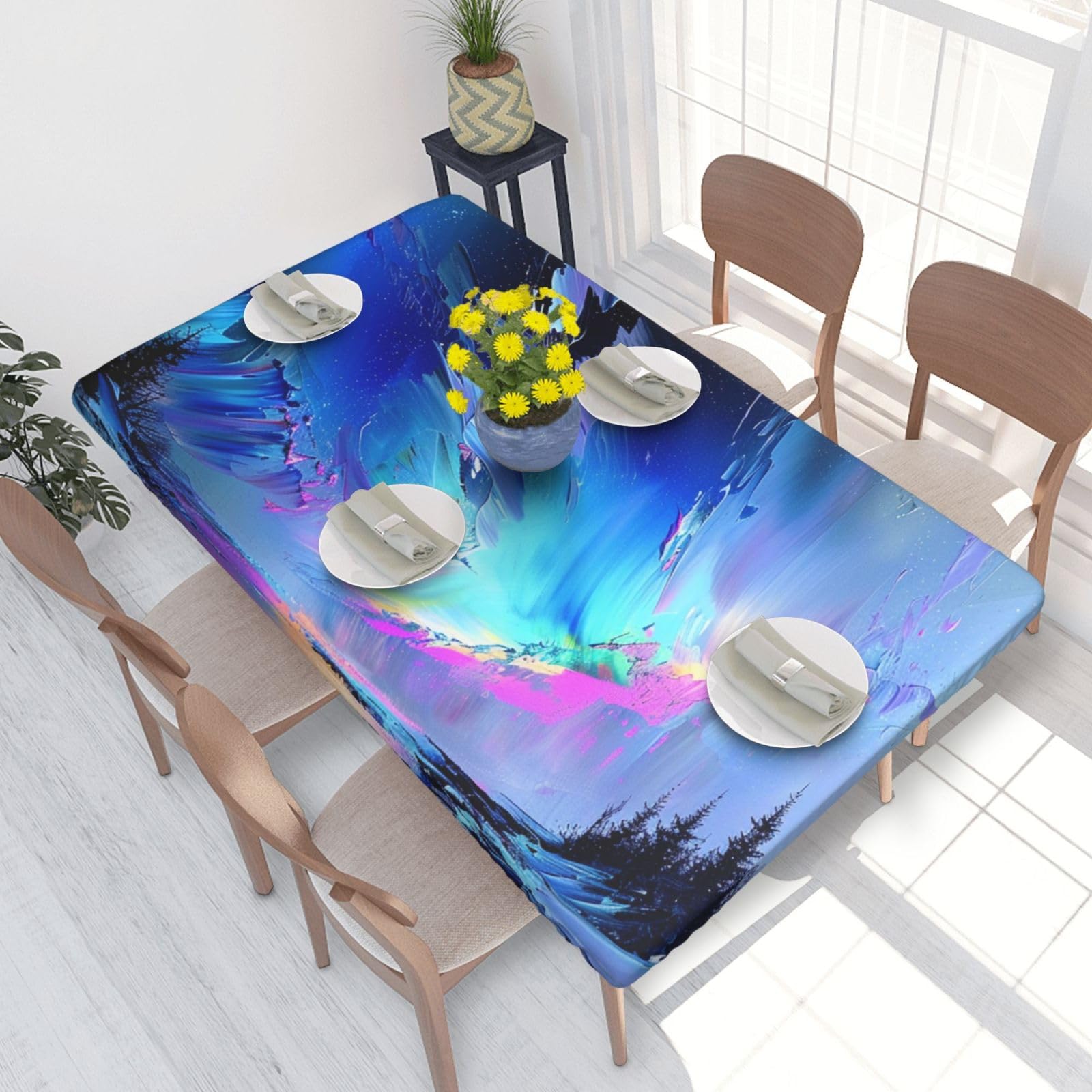DCARSETCV Northern Lights Painting Printed 4FT Waterproof Tablecloth with Elastic Edged Protect & Decor Your Table, Oil-proof Washable Table Cloth Cover for Dinner Picnic Party