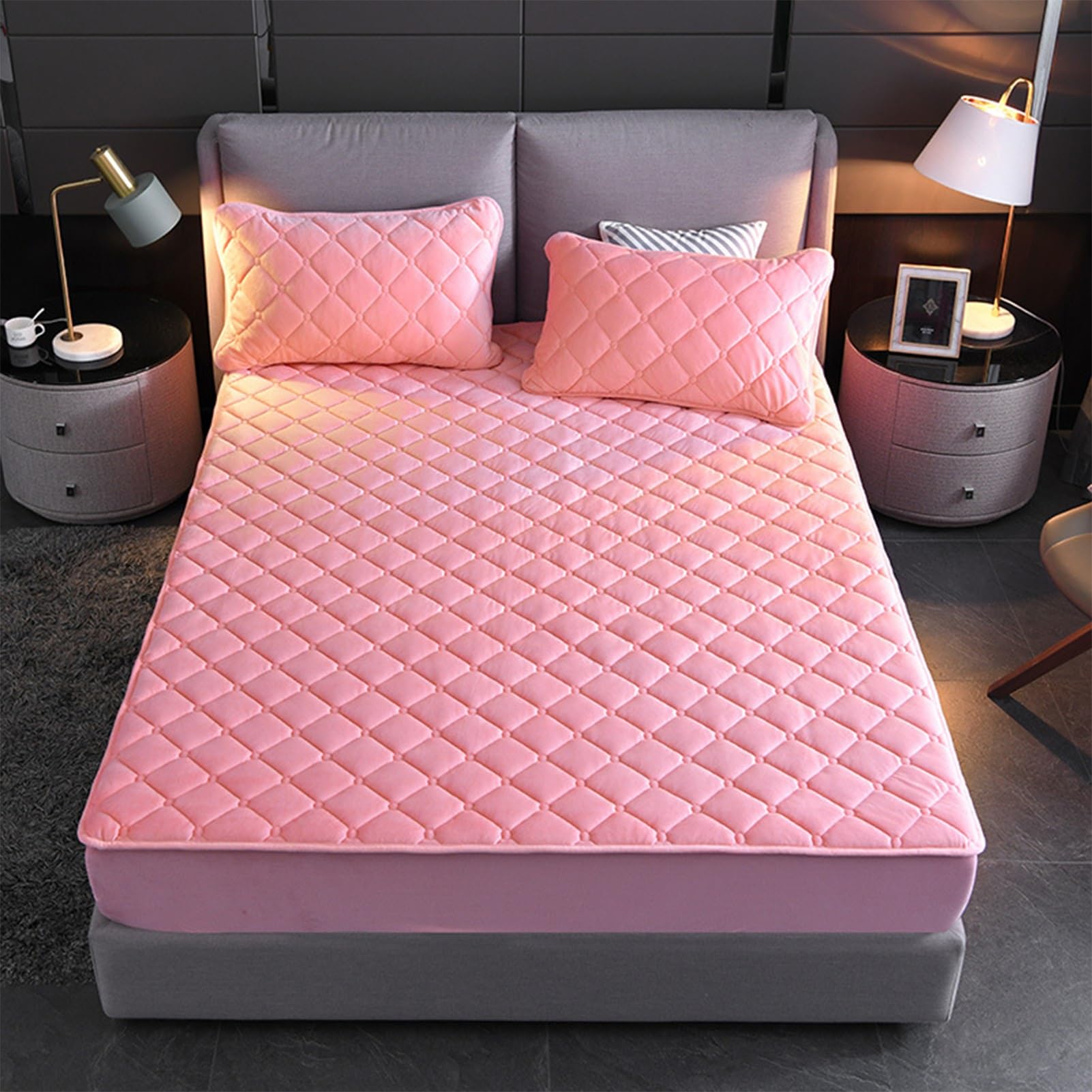 YUDEYU Quilted fitted sheets Soft crystal velvet fabric mattress protector Double Single Bed Toppers Overlays(Pink,140x200cm/High 10-30cm)