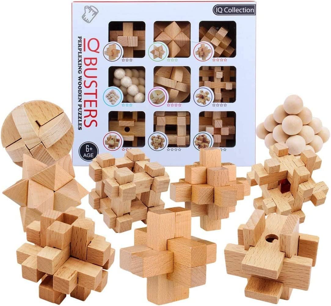 SYOSI Brain Teaser Puzzle for Adults Kids, Wooden Brain Games 3D Unlock Interlock Puzzle Logic, IQ Game Test Toy for Party Office, Unlock Interlock Game Educational Logic Mind Desktop Toys (9PCS)