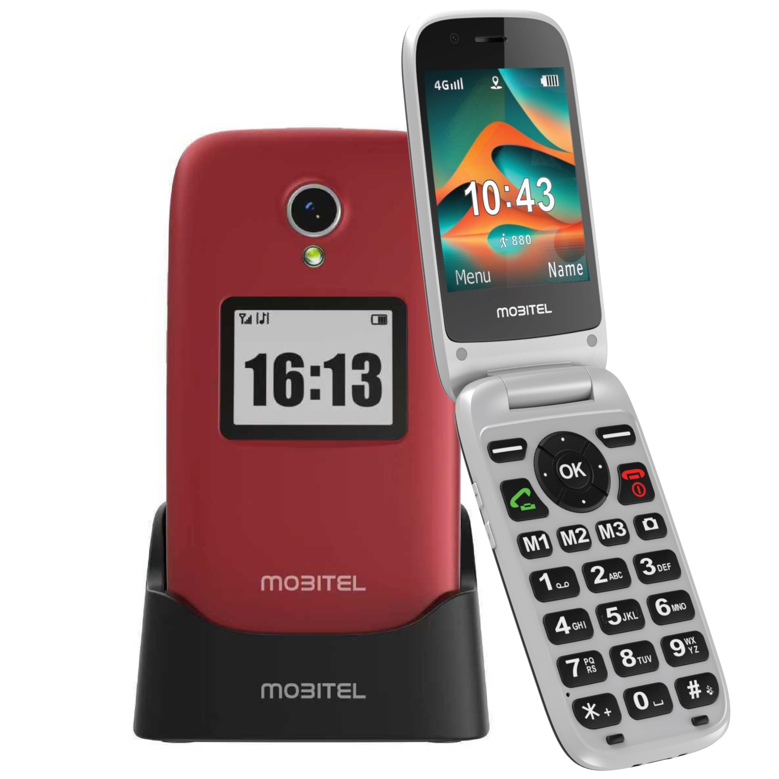 Mobitel 8010 - Teléfono móvil para personas mayores con botón grande para ancianos, 4G, SIM, desbloqueado, botón de emergencia SOS, 1400 mAh, larga espera, altavoz fuerte fácil de usar, base de carga