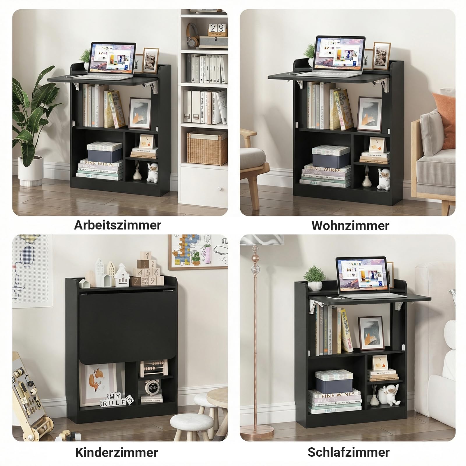 Schreibtisch Klappbar, Wandschreibtisch mit Ablagen & Regalfächern, Schwebender Laptoptisch & Klappbarer Wandtisch, Platzsparender Computertisch für Homeoffice & Büro, 64x20x82cm (Schwarz)