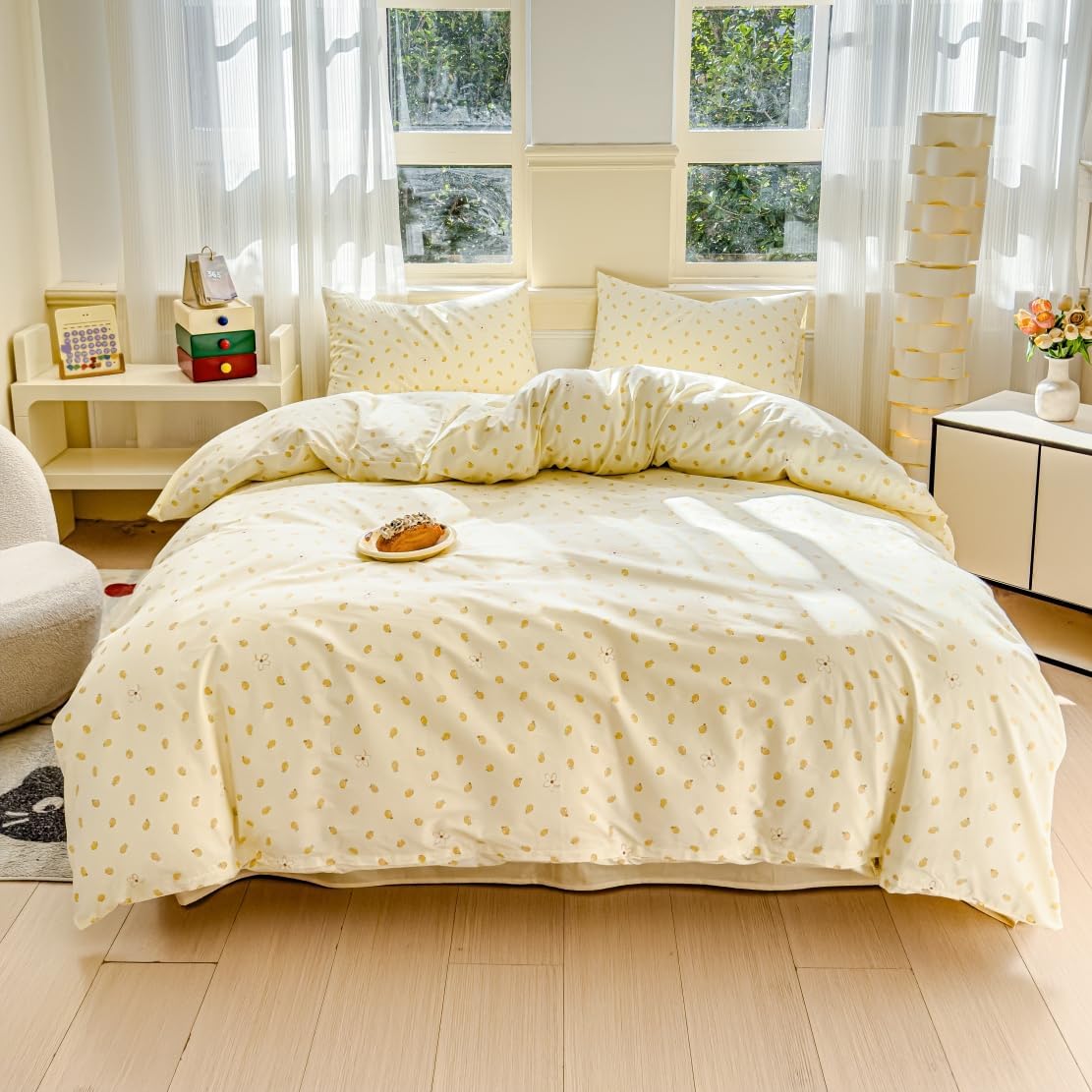 LIWHENHAO Duvet Cover Set Twin 100% Cotton Bedding Cute Yellow Lemon White Daisy Print 1 Kawaii Cottagecore Comforter Cover Zipper Closure 2 Pillowcases for Kids Girls Boys