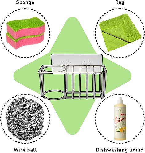 Miniatura 5 de Soporte de esponja 3 en 1 para fregadero de cocina con soporte para cepillo de platos de acero inoxidable para colgar fregadero organizador