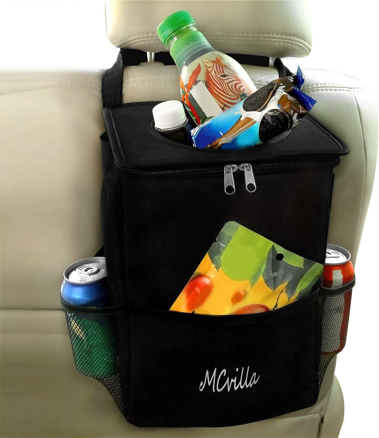 MCvilla Car Trash Can with Lids and Storage Pockets Inner Waterproof Auto Garbage Can Adjustable Strap Great Container and Portable Travel Bags Black 1.9 Gallon