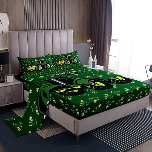 Erosebridal Juego de sábanas de tractor, tamaño King, 4 piezas, color verde, juego de sábanas para niños, diseño de excavadora, juego de ropa de