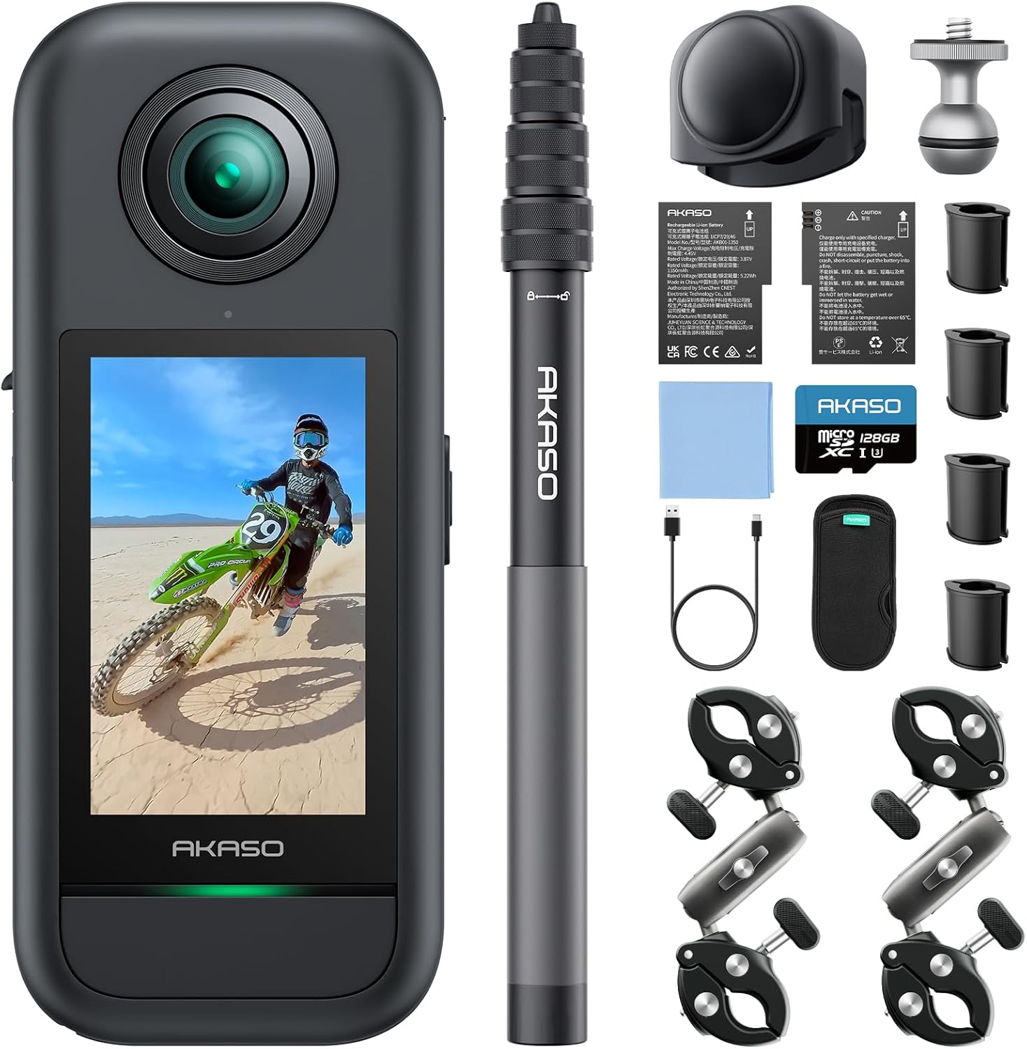 AKASO 360° Action Cam Motor-Set - 5.7K 72MP 360 Grad Actionkamera mit 128GB Speicherkarte Duale 1/2" 48MP Sensoren, 2.29'' Touchscreen, Unsichtbarer Selfie Stick, 360° Horizon Lock und AI-Verfolgung