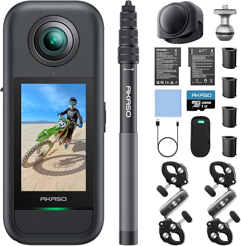 AKASO 360 Cámara de acción 360 con 128GB Tarjeta, Kit de Moto | Cámara Deportiva 360 con Sensor de 1/2", 5.7K 360, Fotos 72MP, Pantalla táctil de 2.29"