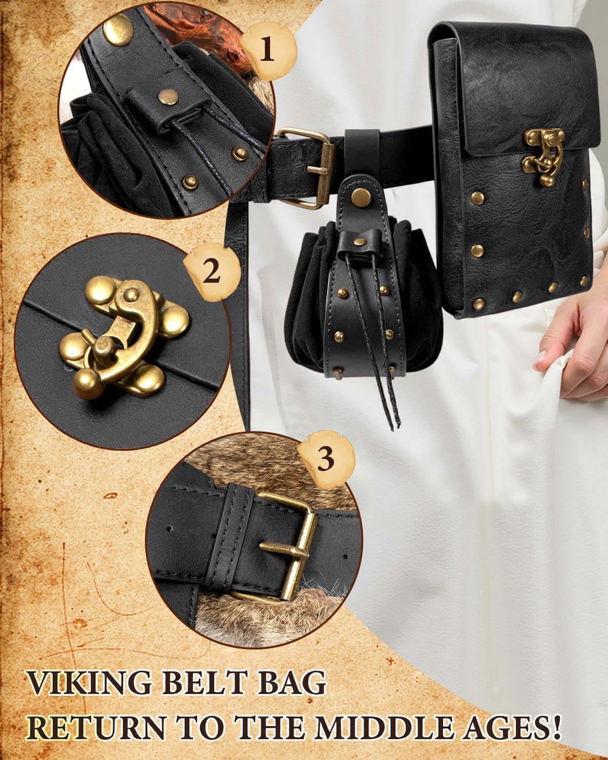 Belt Pouch Waist Bag Fanny Pack Steampunk Phone Holder Casual Medieval Renaissance Cosplay Costume Accessories (2Pouch-Black) - Image 3