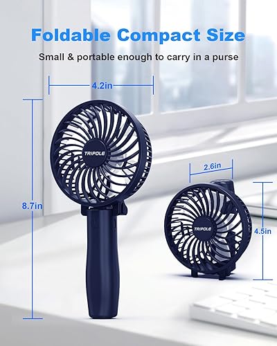 Vista 2 de TriPole Ventilador de mano plegable, mini ventilador portátil, 3 velocidades, pequeño ventilador de escritorio USB recargable personal, potentes