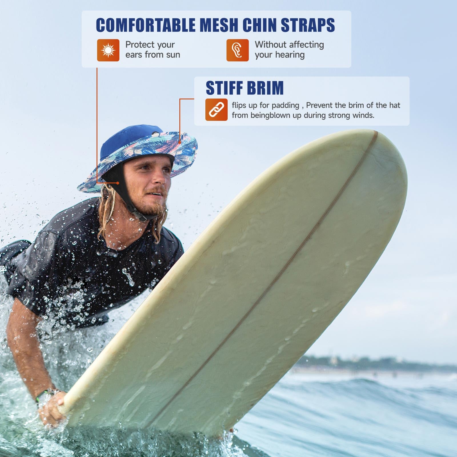 Tontron Cappello da surf con sottogola e patta per il collo, per surf, SUP, kayak e sport acquatici