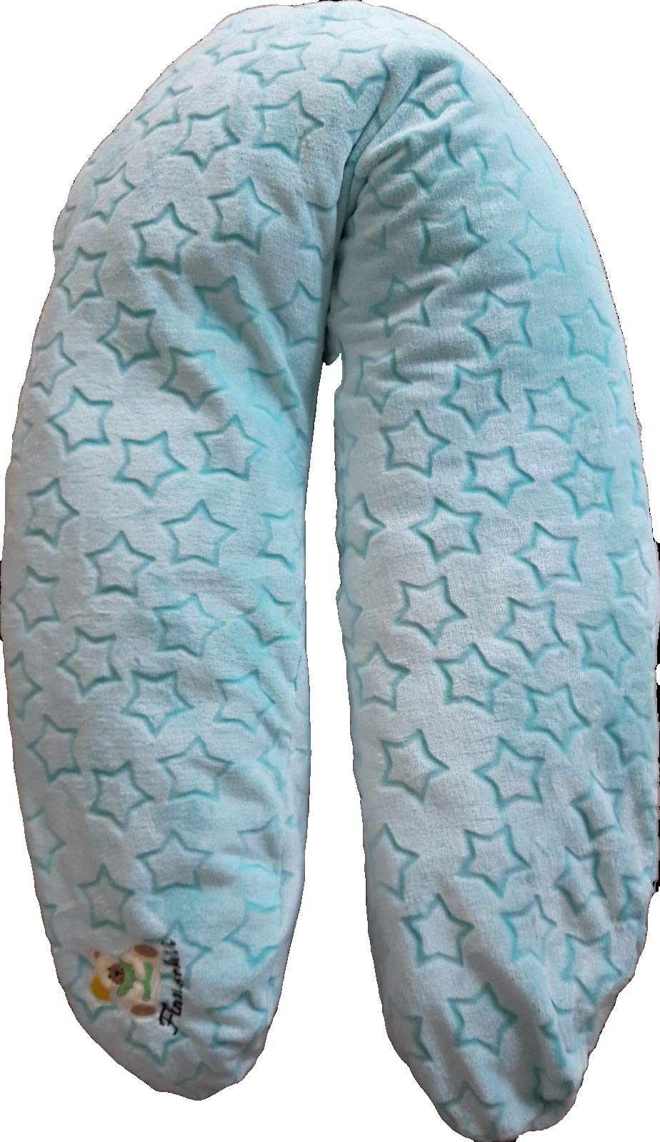 Original handgemachte Stillkissen XXL und Mini Stillkissen (für unterwegs) Set von Flauschii Wellness Fleece Schwangerschaftskissen Logo leuchtet im Dunkeln Bezug ultra weich (Mint mit Sternen)