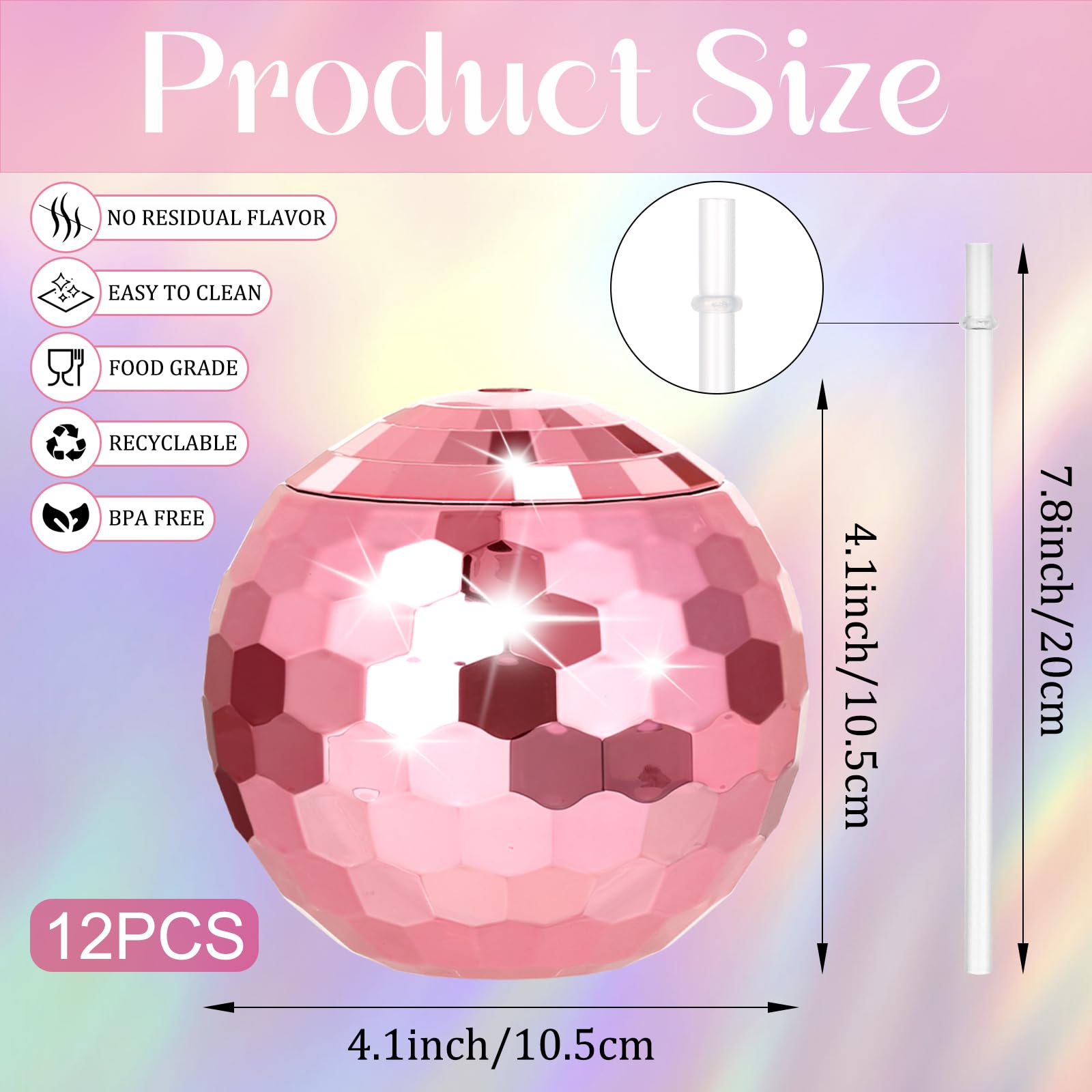 tchrules 12PCS Pink Disco Ball Cups, Reusable Tumbler Disco Flash Bachelorette Party Cup Decorations Glitter Cocktail Ball Cups Spherical with Lid and Straw for Nightclub Bar Party Decor Supplies