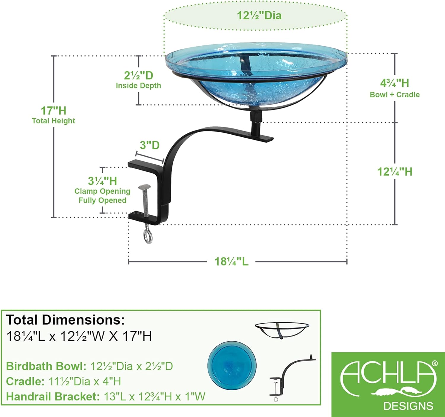 Achla Designs 201-2023 12 Inch Teal Crackle Rail Mount Bracket Birdbath