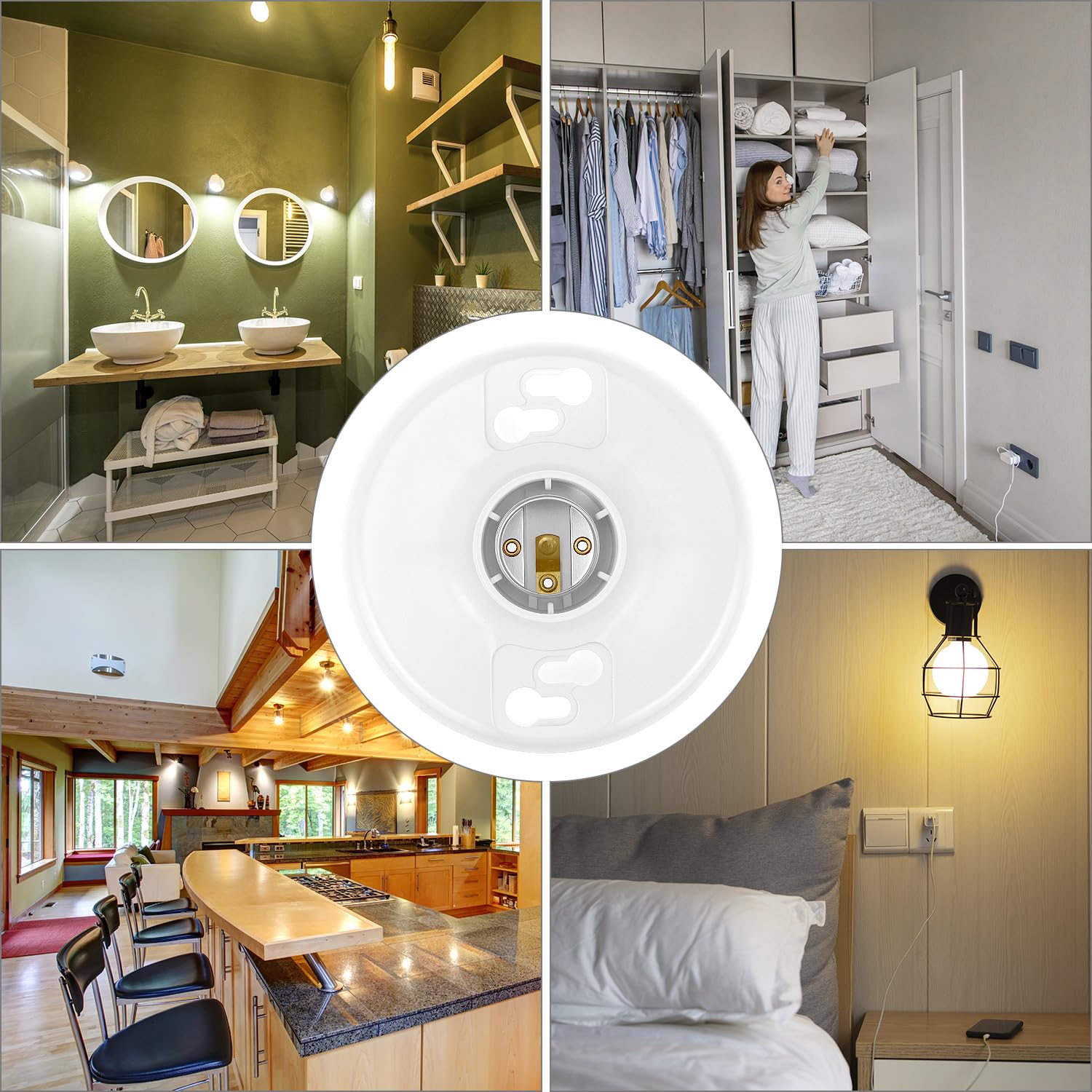 QWORK 6 Pack Lamp Holder E26 Medium Base, White Ceiling Light Sockets for Incandescent & LED Bulbs, 600V/660W