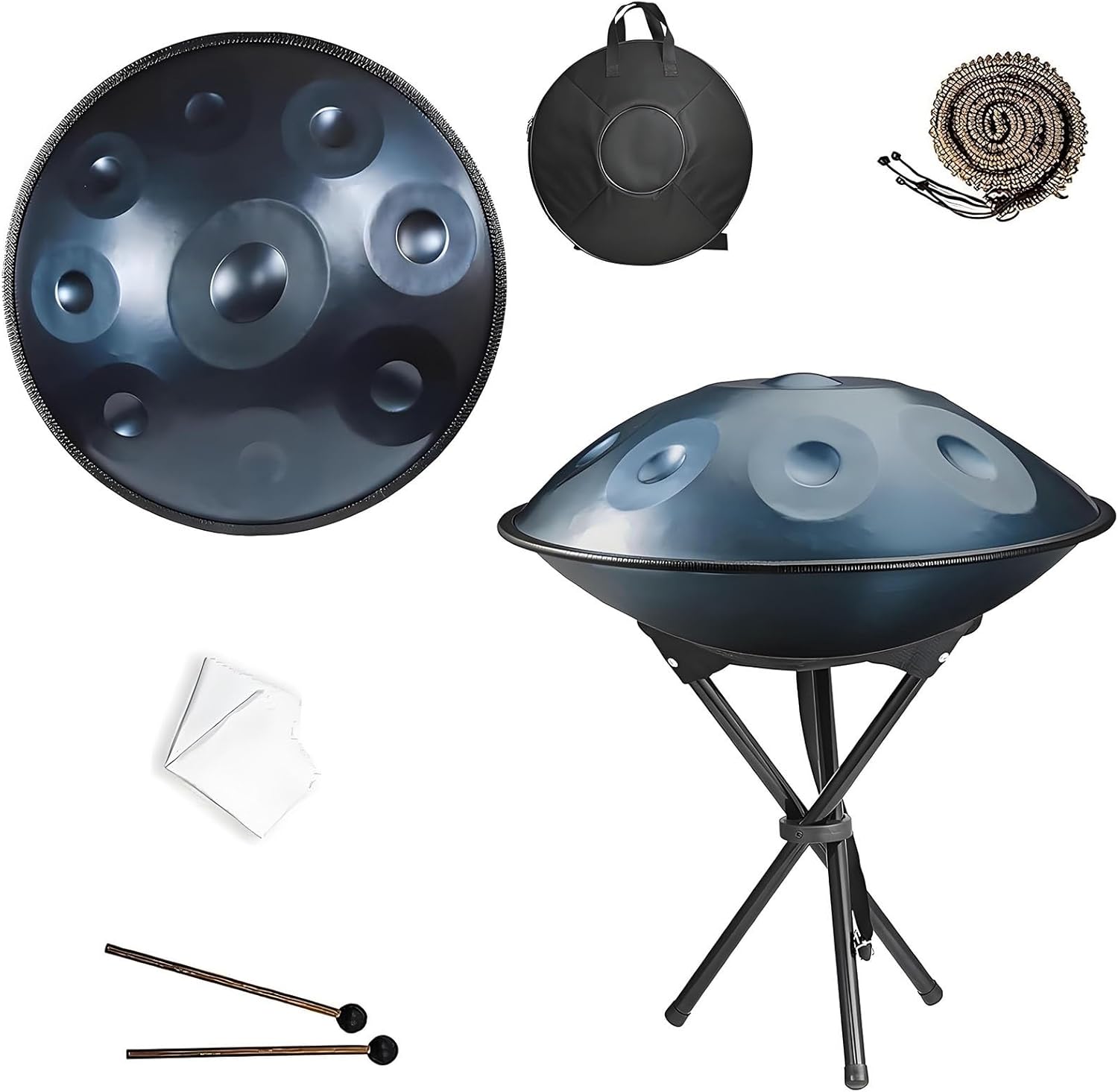 Handpan Drum, 22in 9/10/12 Notes Hand Drum Instrument, 440/432Hz D Minor Steel Hand Drum with Woven Edge Guard, Mallets & Carrying Case,Percussion Hand Pan(Blue,432hz 9 Notes)