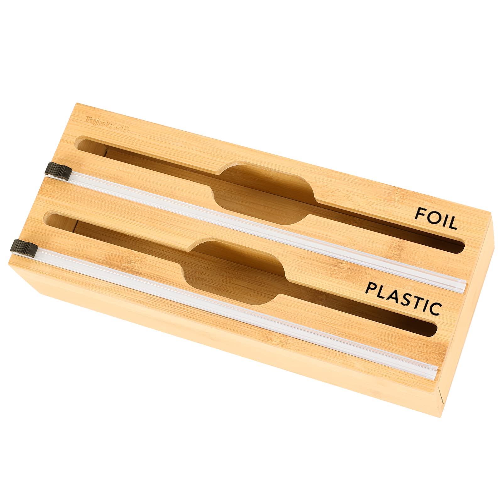 2 in1 Bamboo Plastic Wrap Dispenser with Slide Cutter and Labels Wood Storage Box Roll Organizer Holder with 2or3 Space