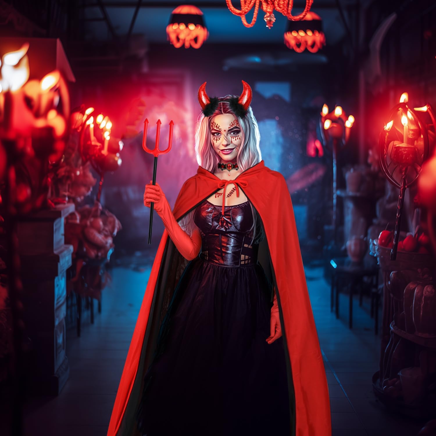 MOVINPE Halloween Hooded Cloak Reversible Devil Costume Accessories for Women Devil Horns Trident Gothic Choker Long Gloves Horror Face Gems Wound Tattoo Cosplay Carnival Party