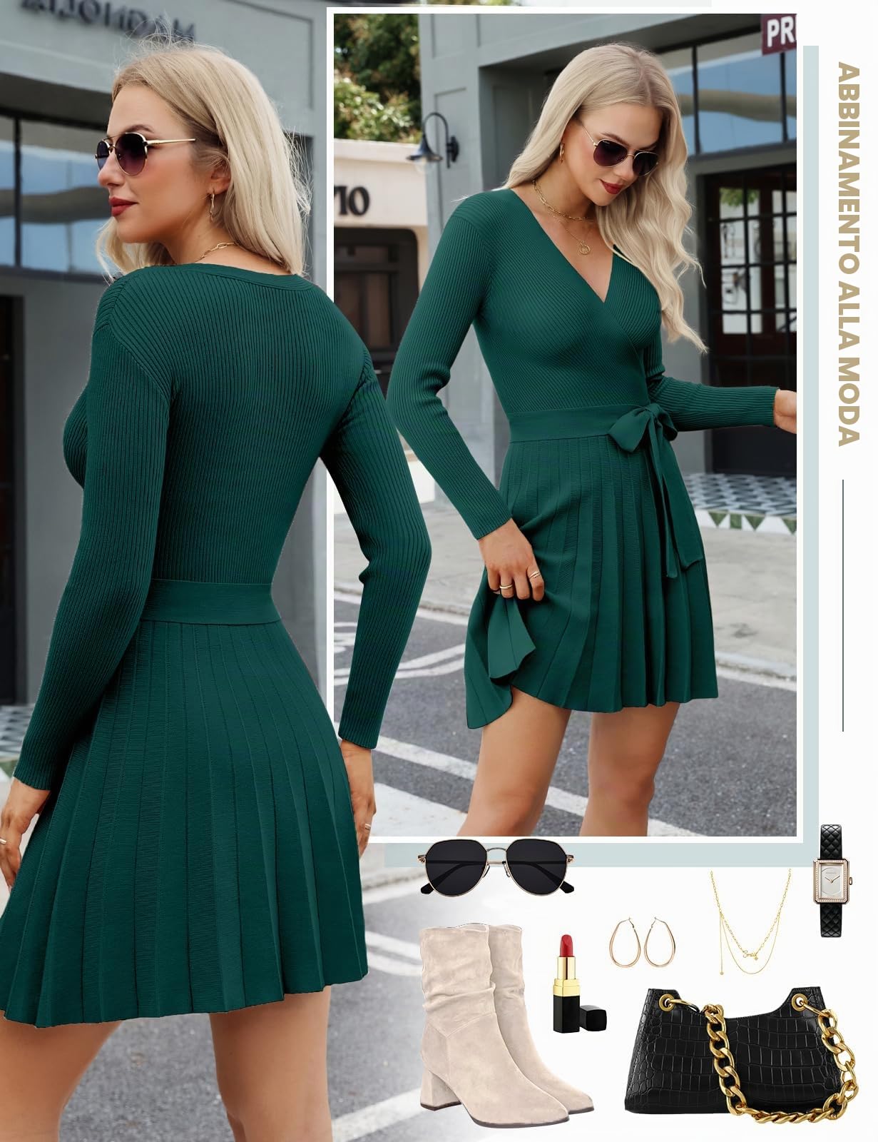 heekpek Abito Elegante Donna Invernale Scollo a V Vestito Donna Maniche Lunghe Abito di Maglia Sexy Abiti Linea A Vita Alta Mini Vestito con Cintura
