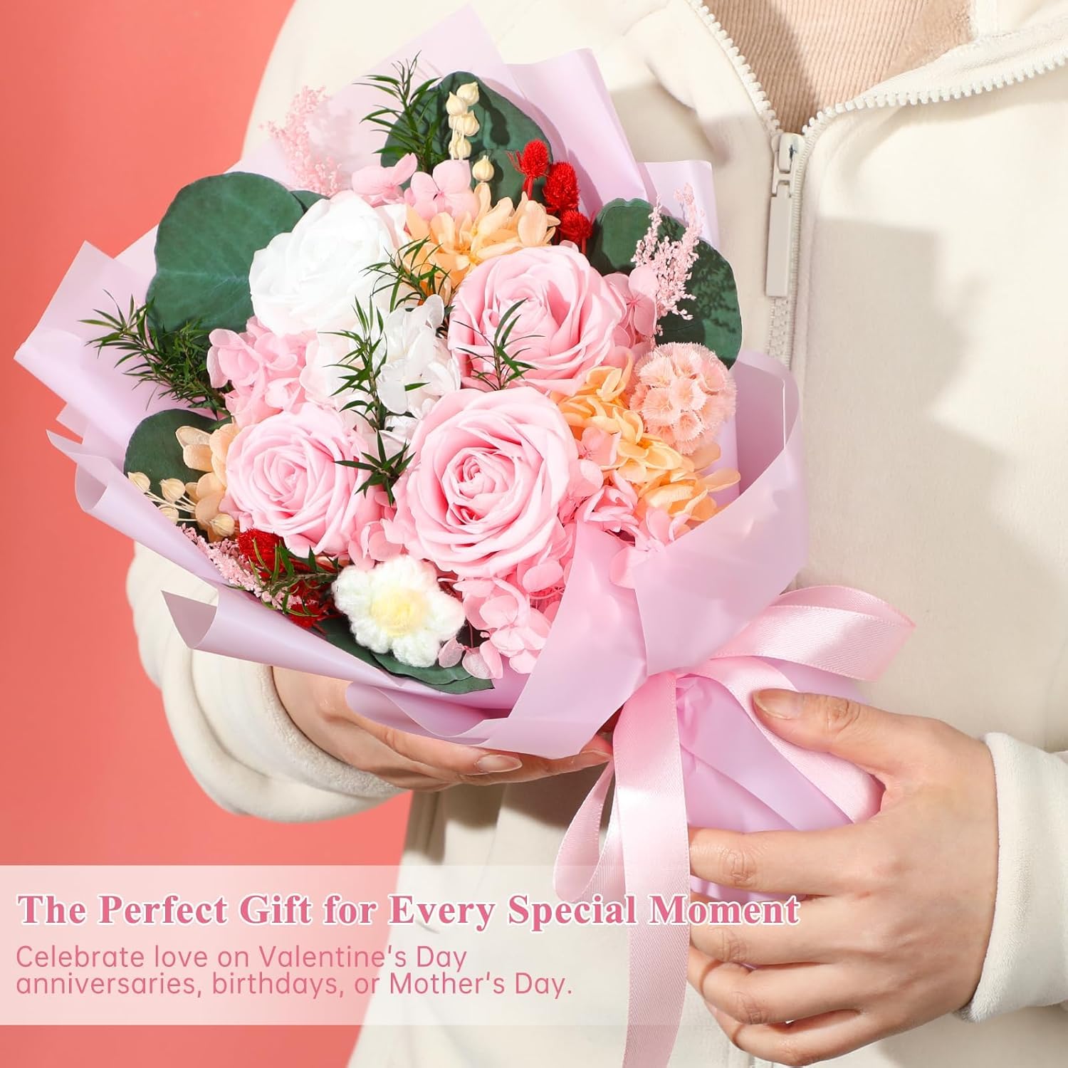 Pink Flowers for Delivery Prime,Preserved Roses Bouquet - Real Flowers Last 2-3 Years, Valentine's Day Anniversary Birthday Gifts for Women Mom Wife Grandma - Image 3