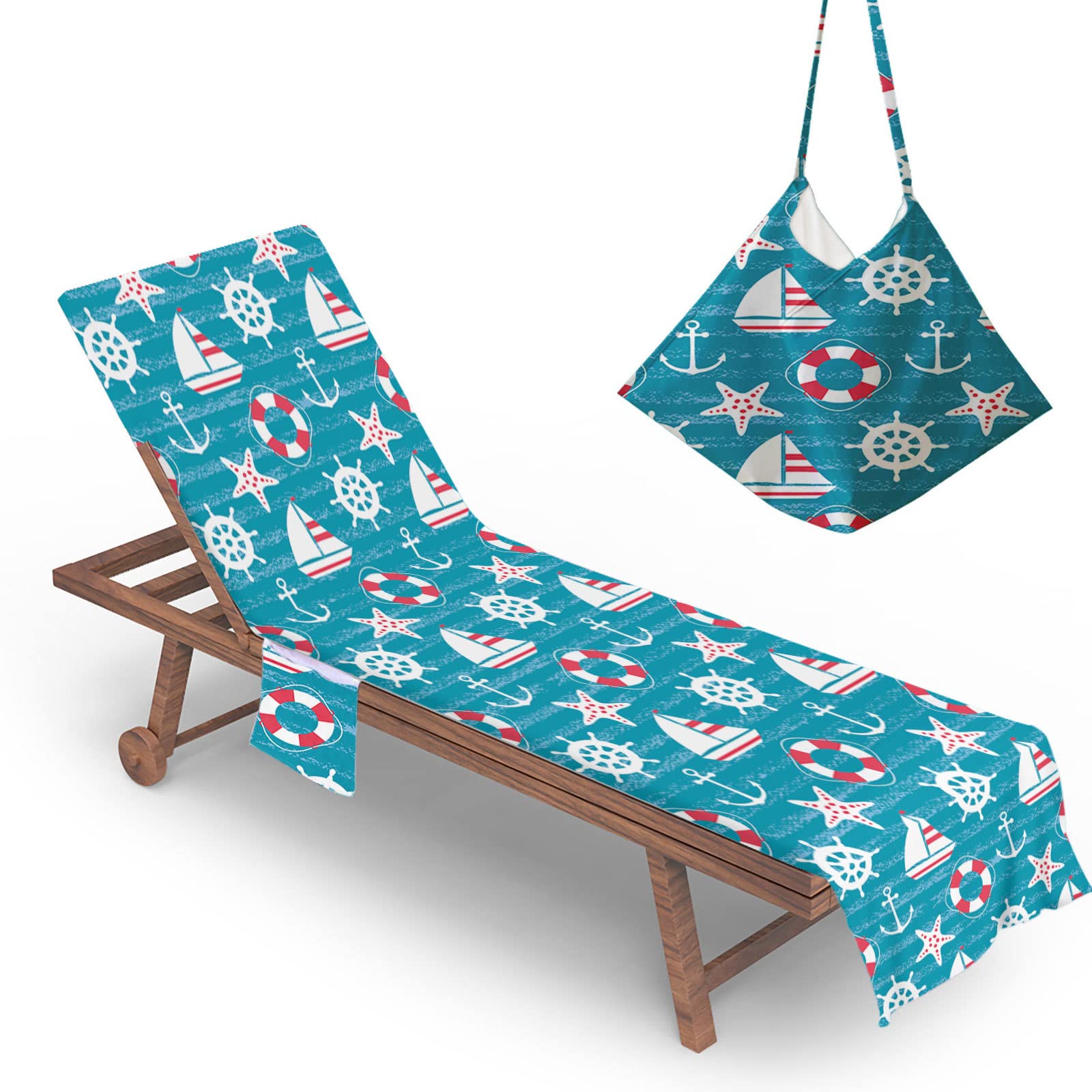 RRrawgff Beach Chair Cover Towel, Anchor Print Beach Towel Lounger Bags with Pockets Sunbed Towels Fitted Microfiber Sun Lounger Towels for Summer Outdoor Pool Vacation Travel (starfish)