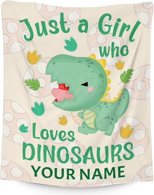 Personalized Dinosaur Blanket Gifts with Name - 40"x50" Cute Throw for Girls - Green Soft Fuzzy Blankets for Bed, Couch & Living Room