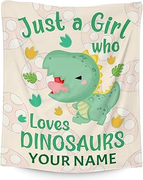 Personalized Dinosaur Blanket Gifts with Name - 40"x50" Cute Throw for Girls - Green Soft Fuzzy Blankets for Bed, Couch & Living Room