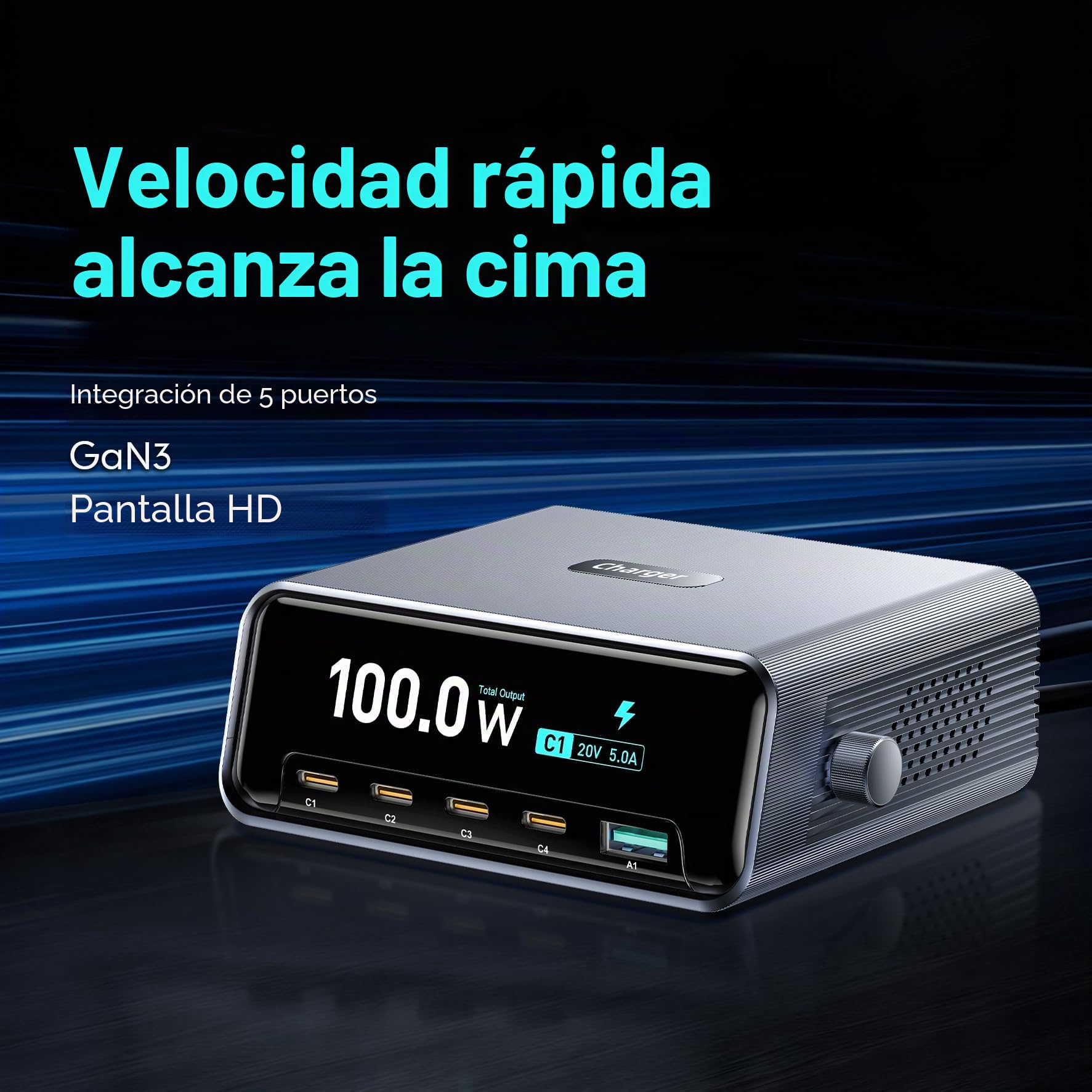 Estación de carga de escritorio inteligente, estación de carga USB C GaN3 de 100W, ultrarrápida de 5 puertos, USB C con PD3.0 de 100W, QC3.0, pantalla LCD de 2,25" y dial de control inteligente